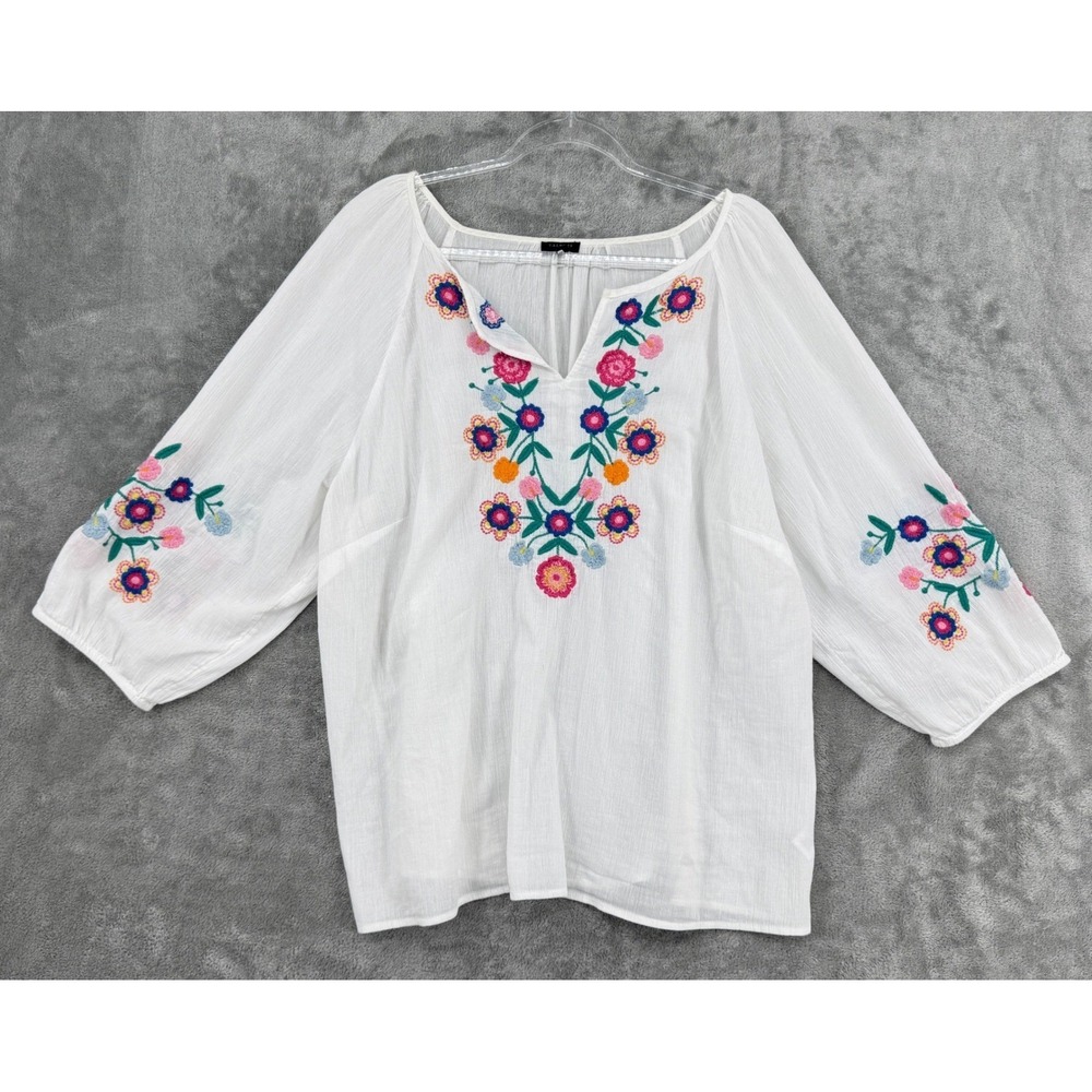 Talbots Blouse Womens Size 2X Floral Embroidered Pheasant Boho Relaxed White